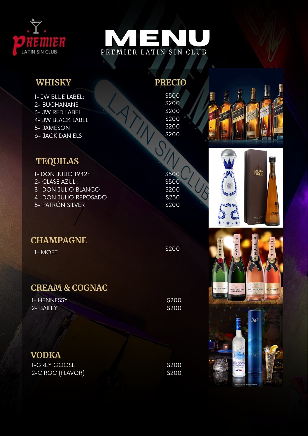 Menú Premier, página 1: botellas de whisky, tequila, champagne, cream y cognac, vodka.